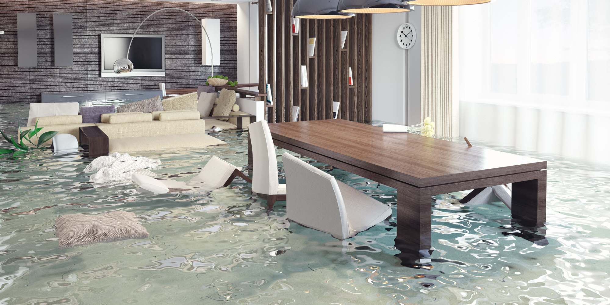 water damaged flooded living room
